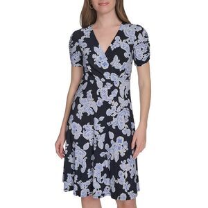 Tommy Hilfiger Womens V-Neck Ruched-Sleeve Dress 4 Sky Captain/Blue - NWT $119